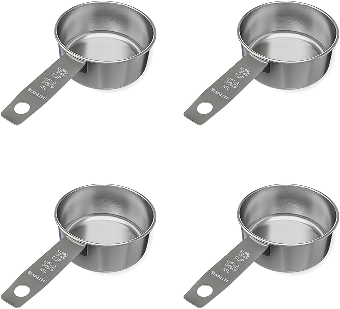 1/2 Cup Stainless Steel Measuring Cup | Sturdy Metal 125 ml | 125 cc | 4 oz | Single Cup for Wet and Dry Ingredients | Great for use as 1/2 Cup Dog Food Scoop - 4 PK by Knupp+Co.