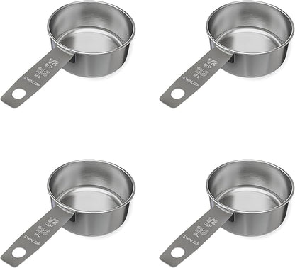 1/2 Cup Stainless Steel Measuring Cup | Sturdy Metal 125 ml | 125 cc | 4 oz | Single Cup for Wet and Dry Ingredients | Great for use as 1/2 Cup Dog Food Scoop - 4 PK by Knupp+Co.
