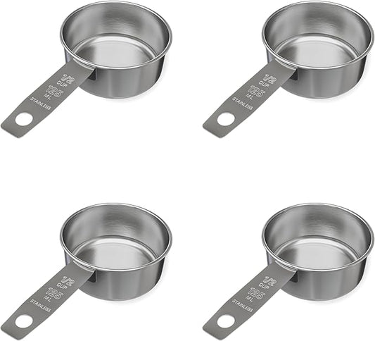 1/2 Cup Stainless Steel Measuring Cup | Sturdy Metal 125 ml | 125 cc | 4 oz | Single Cup for Wet and Dry Ingredients | Great for use as 1/2 Cup Dog Food Scoop - 4 PK by Knupp+Co.