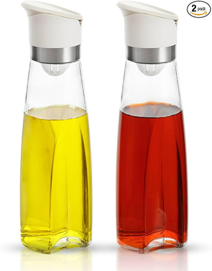 Premium Glass Olive Oil and Vinegar Dispenser Bottles Set, 2-Piece 16oz Kitchen Cooking Cruet with Auto-Open Lid, Non-Drip Pouring Spout, Oil Infuser Filter, Dishwasher Safe
