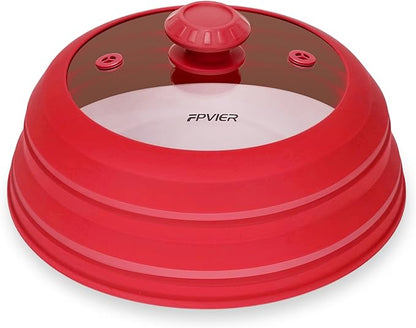 Microwave Splatter cover, Glass Microwave Cover for Food, 11.8 inch Guard Lid with Collapsible Silicone for 6-11 inch Plates & Bowls, Dishwasher Safe, 450°F Heat Resistant, BPA-Free, Red