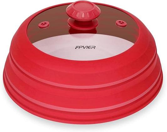 Microwave Splatter cover, Glass Microwave Cover for Food, 11.8 inch Guard Lid with Collapsible Silicone for 6-11 inch Plates & Bowls, Dishwasher Safe, 450°F Heat Resistant, BPA-Free, Red