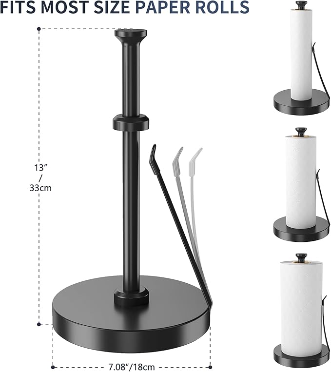 Jesginboo Countertop Paper Towel Holder for Kitchen, Stainless Steel Tension Arm for One-Handed Tear, Stainless Steel Paper Towel Holder Stand for Kitchen Bathroom, Black