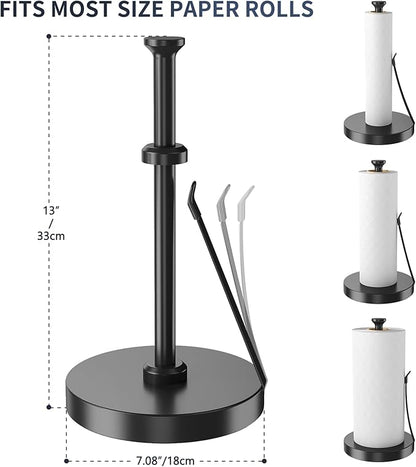 Jesginboo Countertop Paper Towel Holder for Kitchen, Stainless Steel Tension Arm for One-Handed Tear, Stainless Steel Paper Towel Holder Stand for Kitchen Bathroom, Black
