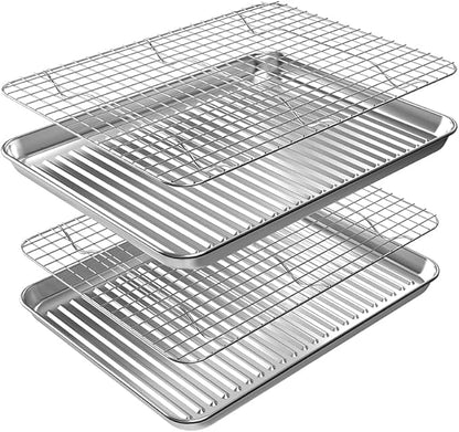 ROTTAY Quarter Baking Sheet Pan with Wire Rack Set [2 Pans + 2 Racks], Stainless Steel Cookie Sheet for Oven, Warp Resistant & Heavy Duty & Rust Free, Size 12 x 10 x 1 Inches by Rottay