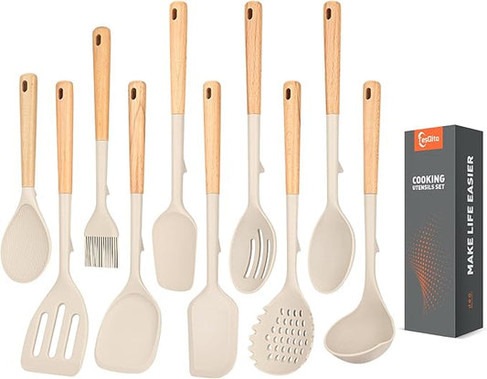 Silicone Cooking Utensils Set of 10 with Wooden Handle,No Scratch for Nonstick Cookware,Slotted Spoon&Spatula,Solid Spoon&Spatula,Large Measuring Ladle,Brush,Rice Paddle,Baking Turner&Flipper (Khaki)