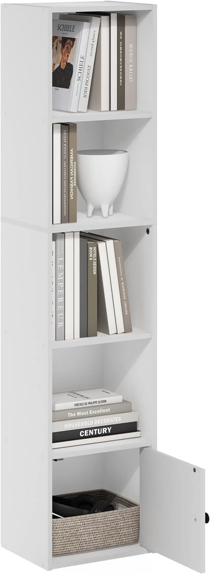 Furinno LUDER Book Shelf, 5-Tier Modern Bookshelf, Bookcase with 1 Door Storage Cabinet, 9.3 x 12 x 52, for Organization and Storage, for Living Room, Bedroom, Home Office, White by Furinno-FitsYourSpaceFitsYourBudget