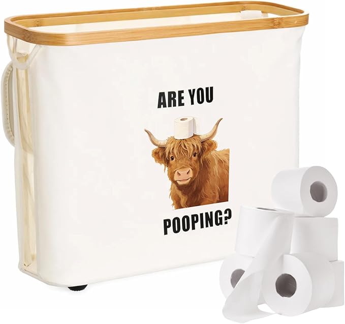 Toilet Paper Basket with Lid & Bamboo Handle, Highland Cow are You Pooping Toilet Paper Storage Holder Waterproof Oxford Bathroom Organizer, Free Standing Tissue Holder for 9-12 Rolls