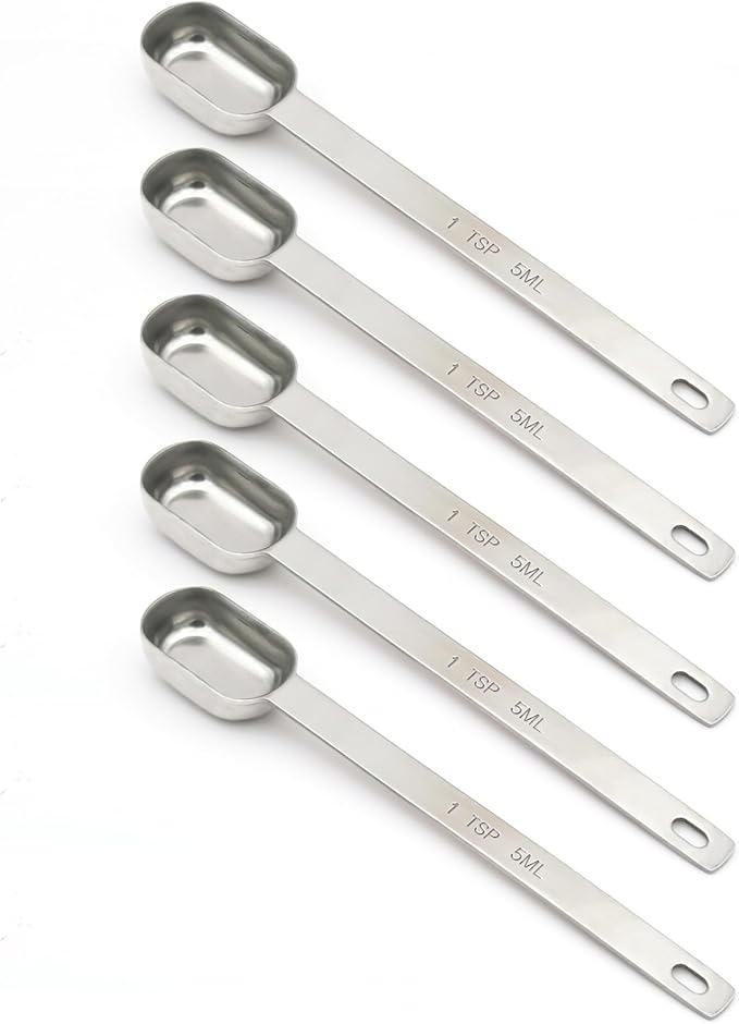 5PCS 1tsp (1/3tbsp, 5ml) Single Measuring Spoon, Stainless Steel Long Handle Individual Teaspoons Only by BERYLER