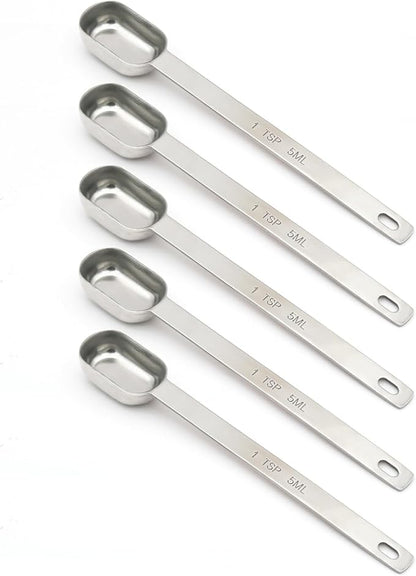 5PCS 1tsp (1/3tbsp, 5ml) Single Measuring Spoon, Stainless Steel Long Handle Individual Teaspoons Only by BERYLER