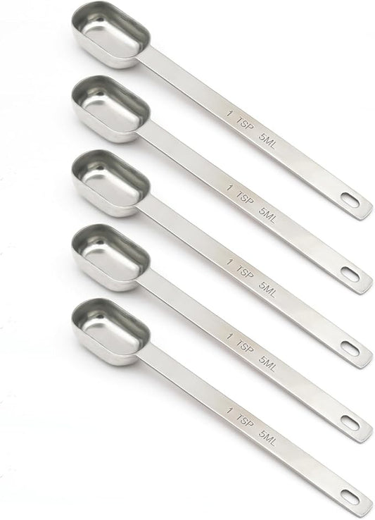 5PCS 1tsp (1/3tbsp, 5ml) Single Measuring Spoon, Stainless Steel Long Handle Individual Teaspoons Only by BERYLER