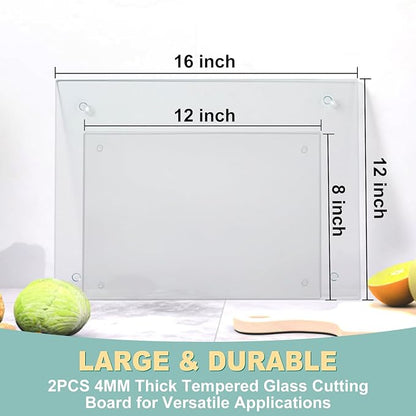 VASUHOME Tempered Glass Cutting Boards for Kitchen Counter - [2 Pack of 16x12 and 8x12 Inch] - Clear Cutting Board for Countertop - Scratch, Heat, Shatter Resistant and Easy to Clean