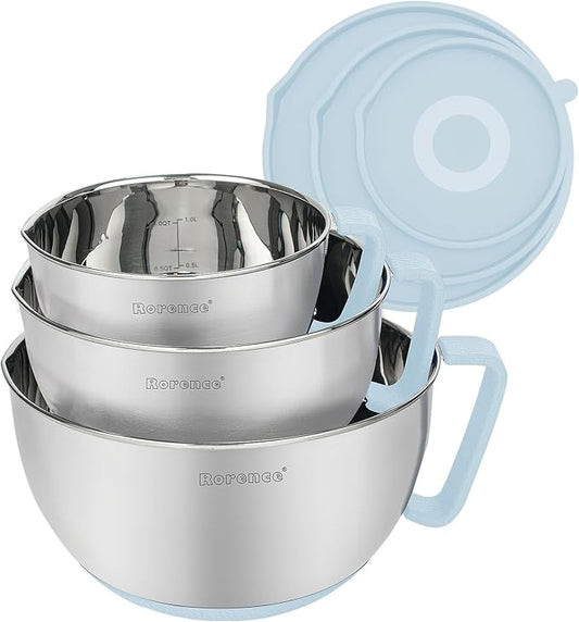 Rorence Stainless Steel Mixing Bowls Set: Non-Slip Silicone Bottom Kitchen Bowls with Pour Spout, Handle and Lid - Set of 3 - Light Blue by Rorence