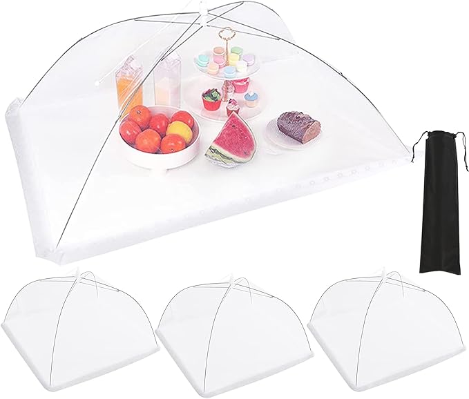 JULBEAR 4 Pcs Extra Large Mesh Food Cover Tent Umbrella Food Screen Covers for Outside Pop-up Mesh Reusable Food Nets for Parties Picnics Outdoor BBQs Collapsible (1 Pcs 40"x24", 3 Pcs 17"x17") by JULBEAR