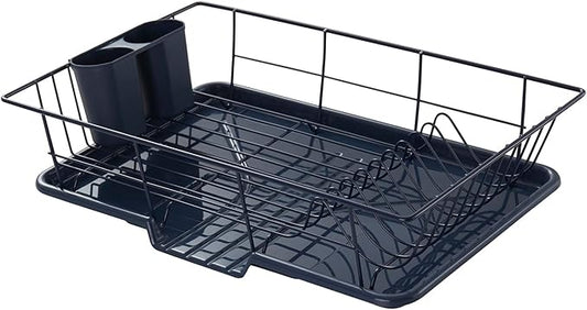 Sweet Home Collection Space-Saving 3-Piece Dish Drainer Rack Set: Efficient Kitchen Organizer for Quick Drying and Storage - Includes Cutlery Holder and Drainboard - Maximize Countertop Space, Navy by SweetHomeCollection