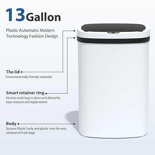 13 Gallon/50 L Kitchen Trash Can with Lid, Garbage Can with Touch-Free Lid, Cute Automatic Trash Can Bathroom Trash Bin, Motion Sensor Waterproof Trash Bin