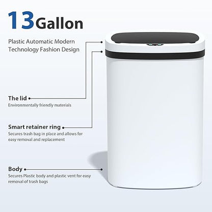 13 Gallon/50 L Kitchen Trash Can with Lid, Garbage Can with Touch-Free Lid, Cute Automatic Trash Can Bathroom Trash Bin, Motion Sensor Waterproof Trash Bin