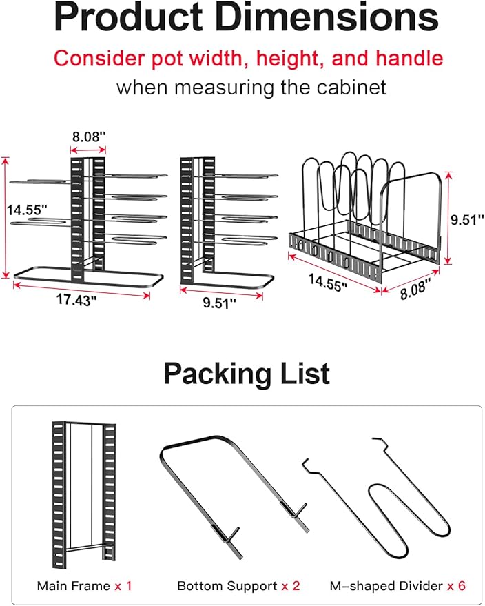MUDEELA Pots and Pans Organizer Rack under Cabinet 14.55in Height, 8-Tiers Adjustable Pot Rack with 3 DIY Methods, Pot Lid Organizer inside Cabinet for Kitchen Pantry Organization and Storage - Image 5
