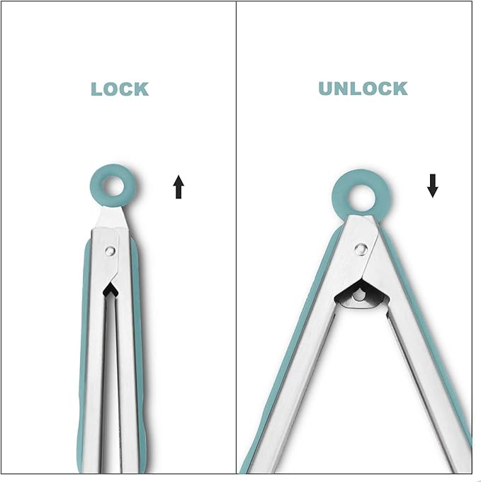 Premium 304 Stainless Steel Tongs Set – 12" Grill Tongs & 9" Cooking Tongs, Heat Resistant up to 600°F, Wavy Grip Head, Non‑Slip Handle with Locking Clip & Hanging Loop, Dishwasher Safe, Aqua Sky - Image 4