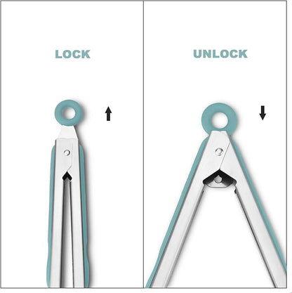 Premium 304 Stainless Steel Tongs Set – 12" Grill Tongs & 9" Cooking Tongs, Heat Resistant up to 600°F, Wavy Grip Head, Non‑Slip Handle with Locking Clip & Hanging Loop, Dishwasher Safe, Aqua Sky - Image 4