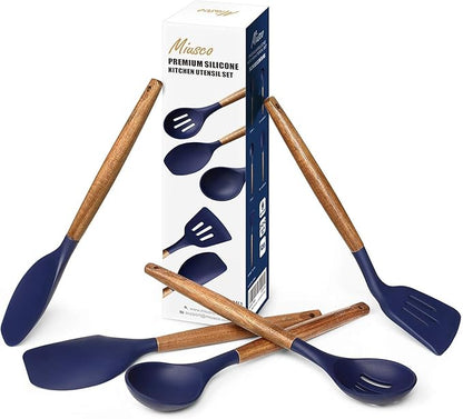 Non-Stick Silicone Kitchen Utensils Set with Natural Acacia Hard Wood Handle, 5 Piece, Midnight Blue, BPA Free, Baking & Serving Silicone Cooking Utensils - Image 9