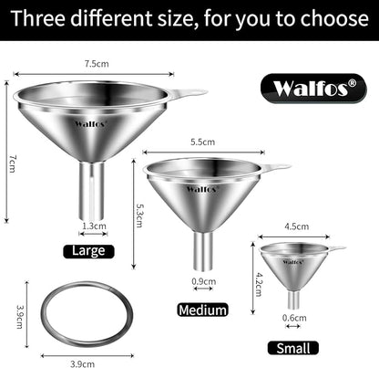 WALFOS Mini Stainless Steel Funnels, Multi-use Small Kitchen Funnel Set, for Transferring Liquid, Fluid, Essential Oils, Powder,Tiny Spices,Long-Lasting and Dishwasher Safe (3 in、2.2 in、1.7in) - Image 4
