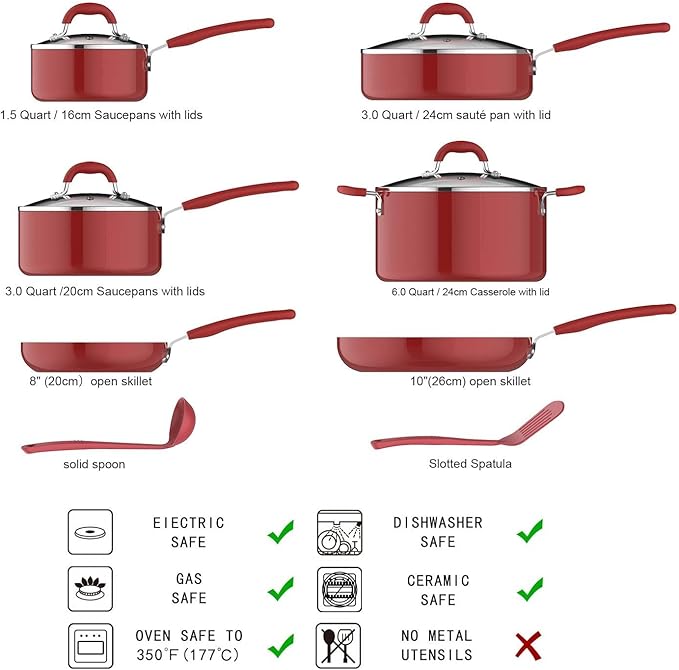 Amazon Basics Aluminum Non-Stick Cookware Set, Oven Safe, Dishwasher Safe, Stay-Cool Handles, 12-Piece, Red - Image 2