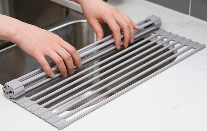 Surpahs 20.5 x 15.5 Inch Roll-Up Dish Drying Rack, Fits Across Sink Openings up to 19.5 Inches, Heavy-Duty Premium Silicone, Strong Support, Non-Slip, Heat-Resistant, Warm Gray - Image 9