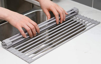 Surpahs 20.5 x 15.5 Inch Roll-Up Dish Drying Rack, Fits Across Sink Openings up to 19.5 Inches, Heavy-Duty Premium Silicone, Strong Support, Non-Slip, Heat-Resistant, Warm Gray - Image 9