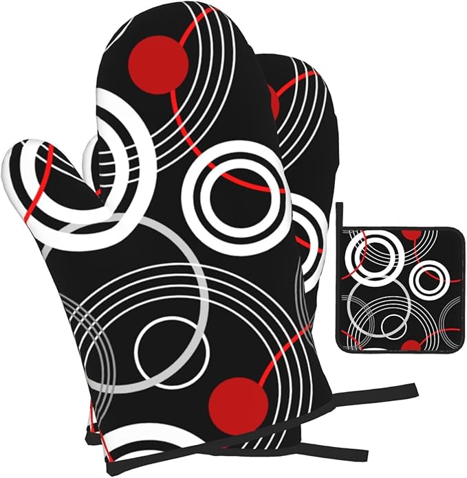 Modern Black Red Retro Oven Mitts and Pot Holders Sets of 3 Abstract Modern Hot Pads Heat Resistant Non Slip Washable for Cooking Grilling Baking BBQ Kitchen Decor - Image 2