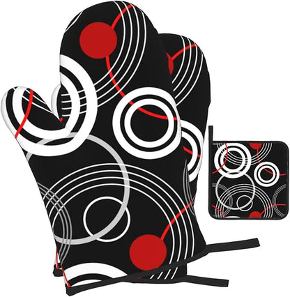 Modern Black Red Retro Oven Mitts and Pot Holders Sets of 3 Abstract Modern Hot Pads Heat Resistant Non Slip Washable for Cooking Grilling Baking BBQ Kitchen Decor - Image 2