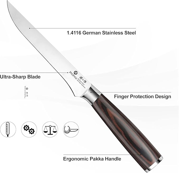 imarku Fillet Knife, German High Carbon Boning Knife, 6-Inch Stainless Steel Professional Grade Boning Fillet Knife for Fish, Pakkawood Handle for Meat and Poultry, Gifts for Men and Women - Image 5