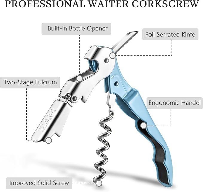 HYZ 2-Pack Wine Opener Waiter Corkscrew, Professional Wine Key for Servers, Bartender with Foil Cutter, Manual Wine Bottle Opener Double Hinged (Sky Blue) - Image 2
