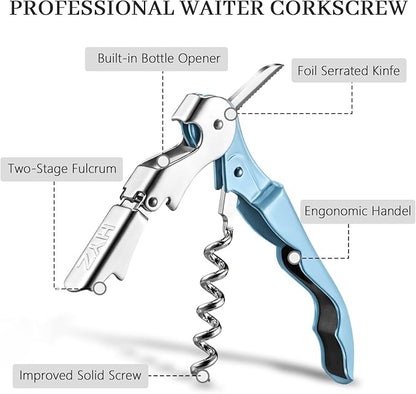 HYZ 2-Pack Wine Opener Waiter Corkscrew, Professional Wine Key for Servers, Bartender with Foil Cutter, Manual Wine Bottle Opener Double Hinged (Sky Blue) - Image 2