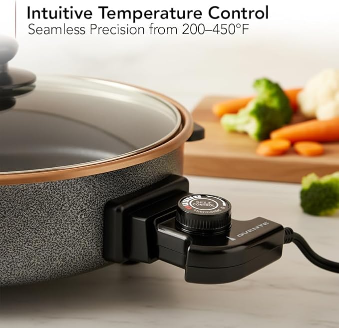 OVENTE 11.5-Inch Electric Skillet & Frying Pan, 1400W Nonstick Cooking Pan with Adjustable Temperature Control, Tempered Glass Lid with Steam Vent, Cool-Touch Handles, Easy-Clean Copper SK11112CO - Image 4