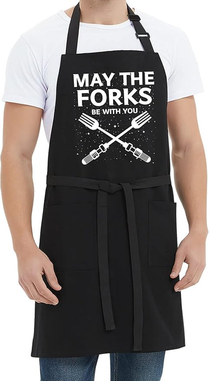Kaidouma Funny Grill Aprons for Men - May The Forks Be With You - Men’s Funny Chef Cooking Grilling BBQ Aprons with 2 Pockets - Birthday Father’s Day Christmas Gifts for Dad, Husband, Movie Fans