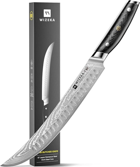 WIZEKA Carving Knife-10 Real Damascus Breaking Knife,Razor Sharp Butcher knife Curved Scimitar Brisket Knife for Meating Cutting with G10 Handle by WIZEKA