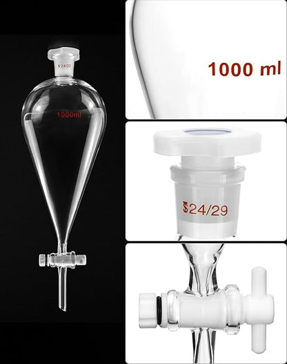 QWORK 1000ml Heavy Wall Conical Separating Funnel with 24/29 Fitting and PTFE Stopcock + Laboratory Distillation Support Rack for Titration Extraction