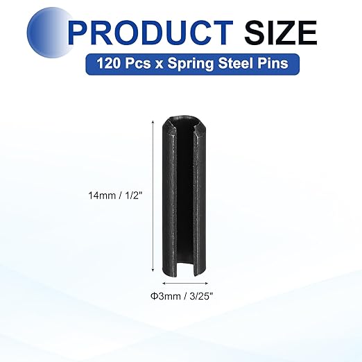 MECCANIXITY 120Pcs Slotted Split Roll Pins 3/25 Inch(3mm) Dia. 1/2 Inch(14mm) Length 65Mn Steel Spring Tension Expansion Dowels for Secure Fastening, Black