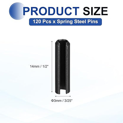 MECCANIXITY 120Pcs Slotted Split Roll Pins 3/25 Inch(3mm) Dia. 1/2 Inch(14mm) Length 65Mn Steel Spring Tension Expansion Dowels for Secure Fastening, Black