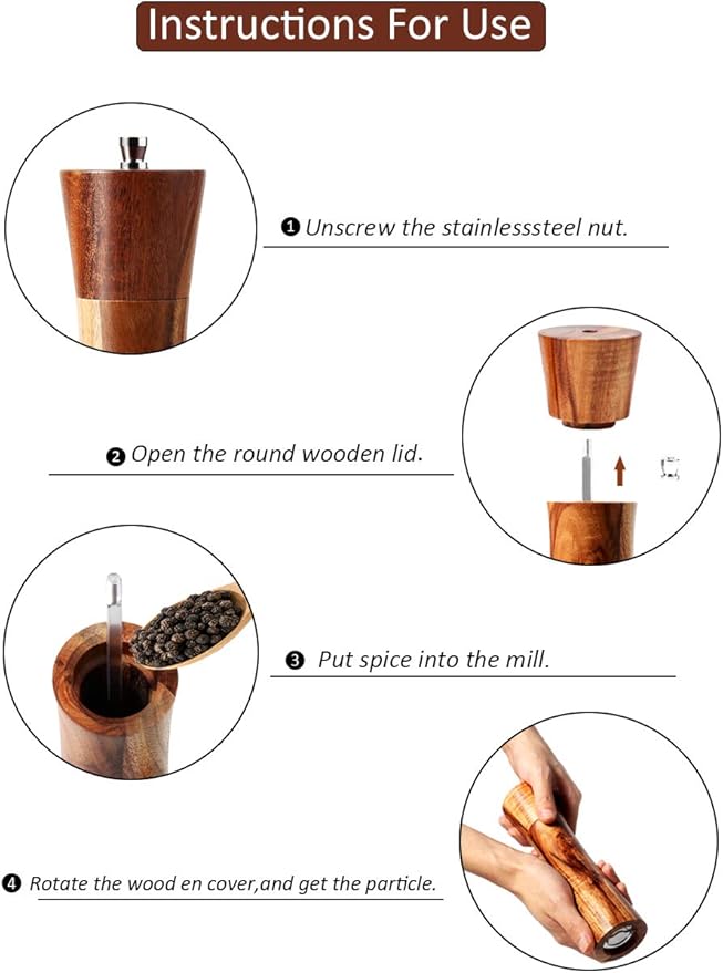 Wooden Salt and Pepper Grinders Set, 8 inch Acacia Wooden Salt and Pepper Mills Shakers Kit Ceramic Rotor with Strong Adjustable Coarseness - Image 4