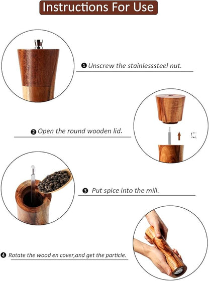 Wooden Salt and Pepper Grinders Set, 8 inch Acacia Wooden Salt and Pepper Mills Shakers Kit Ceramic Rotor with Strong Adjustable Coarseness - Image 4