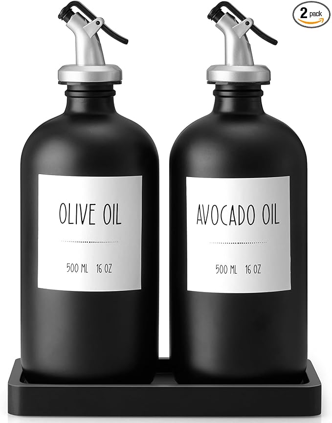 Olive Oil Dispenser Bottle for Kitchen, 16oz Glass Oil and Vinegar Cruet Set with Wood Tray & 54 Labels - Coffee Syrup Dispenser - Black Kitchen Decor and Accessories - Set of 2 by Unknown