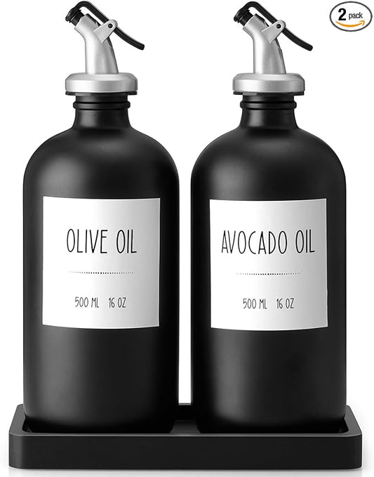 Olive Oil Dispenser Bottle for Kitchen, 16oz Glass Oil and Vinegar Cruet Set with Wood Tray & 54 Labels - Coffee Syrup Dispenser - Black Kitchen Decor and Accessories - Set of 2 by Unknown