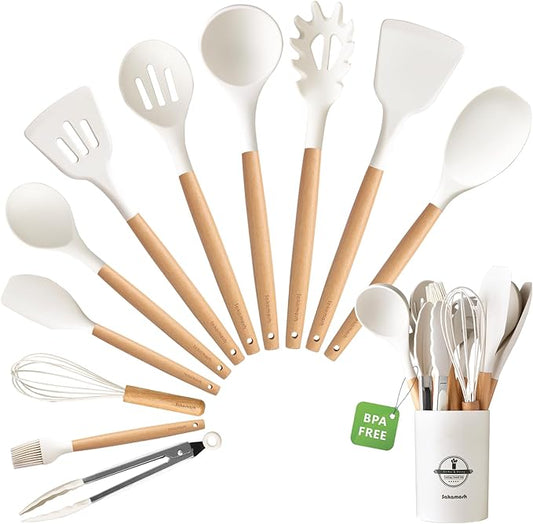 SAKAMOSH Silicone Cooking Utensils Set with Holder, 12 Pcs Heat Resistant Kitchen Utensils Set with Wooden Handle, BPA-free Spatula, Tongs, Spoons Set for Nonstick Cookware, White