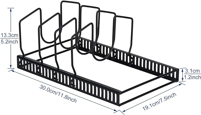 Toplife Pot Lids Organizer Rack for Cabinet and Countertop, 7+ Pan Lids and Bakeware Organizer Rack Holder with 7 Adjustable Compartments - Black - Image 2