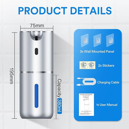 Automatic Foaming Soap Dispenser Touchless, Rechargeable Electric Hand ＆ Dish Soap Dispenser for Bathroom and Kitchen - Smart Digital Display, 6 Adjustable Level, 380ml, Wall Mounted, IPX5