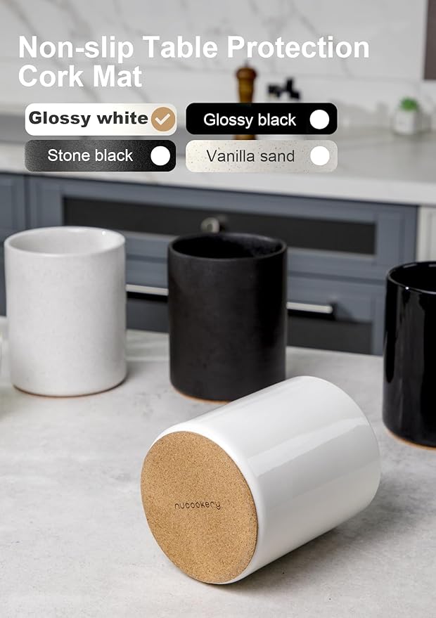 Nucookery Utensil Holder, 6.4" Ceramic Kitchen Utensil Holder with Countertop-Protection Cork Bottom, Farmhouse Kitchen Decor for Counter, Gift (White) - Image 2