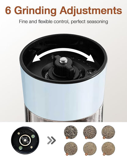 Gravity Electric Salt and Pepper Grinder Set 2-Pack - USB-C Rechargeable Base, Auto LED Light for BBQ/Camping, Adjustable Coarseness & Large Capacity - Stainless Steel (Morning Haze)