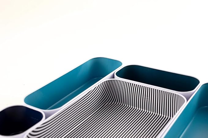 Three by Three Seattle 5 Piece Metal Organizer Tray Set for Storing Makeup, Stationery, Utensils, and More in Office Desk, Kitchen and Bathroom Drawers (2 Inch, Assorted Blue and Stripes) - Image 4